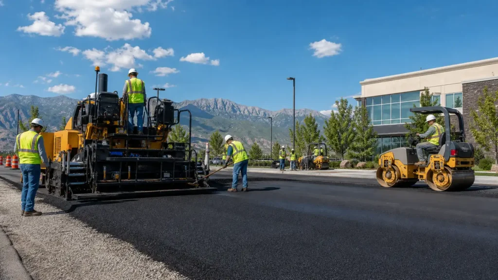 Commercial Asphalt Paving crew working in a controlled Pleasant Grove, Utah pavement area