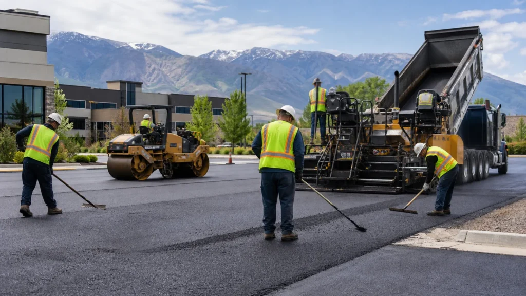 Commercial Asphalt Paving crew working in a controlled Provo, Utah pavement area
