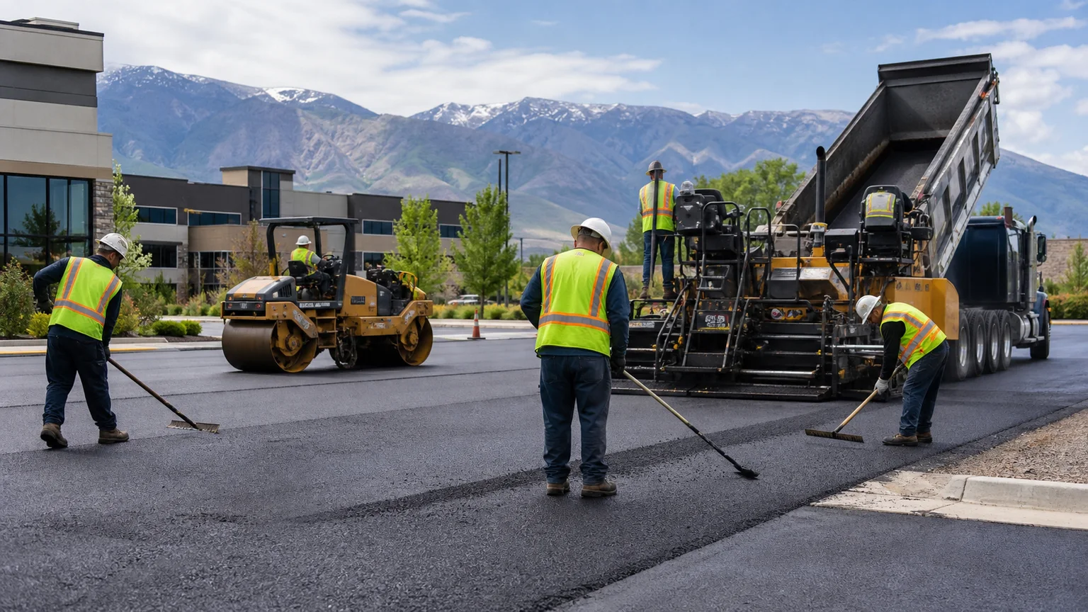 Commercial Asphalt Paving crew working in a controlled Provo, Utah pavement area