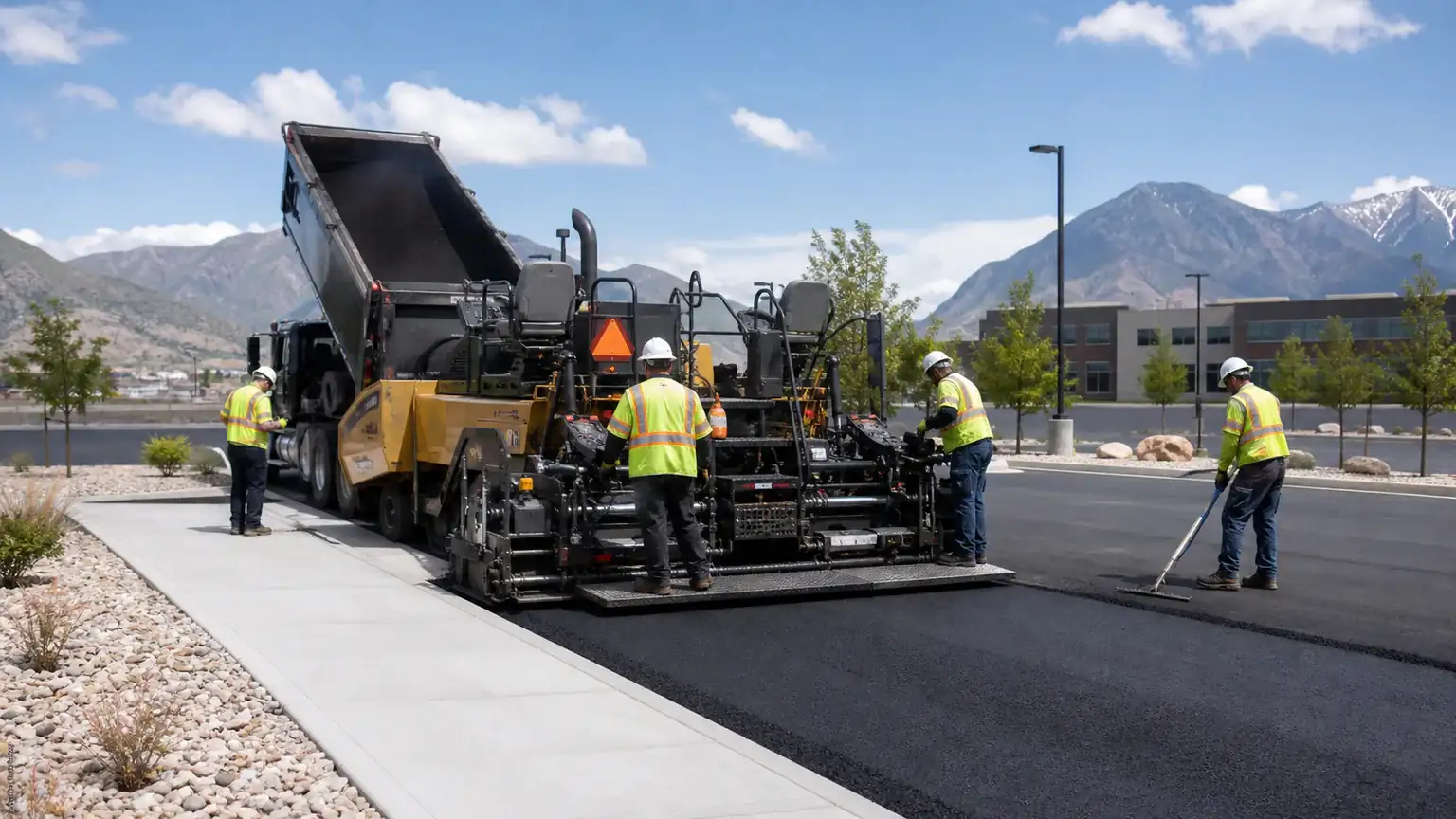 Commercial Asphalt Paving crew working in a controlled Salem, Utah pavement area