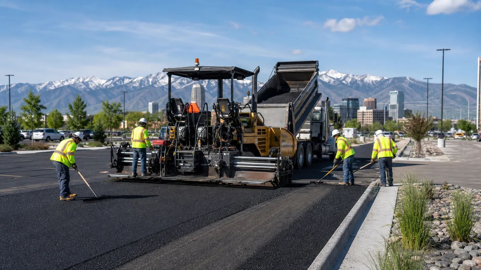 Commercial Asphalt Paving crew working in a controlled Salt Lake City, Utah pavement area