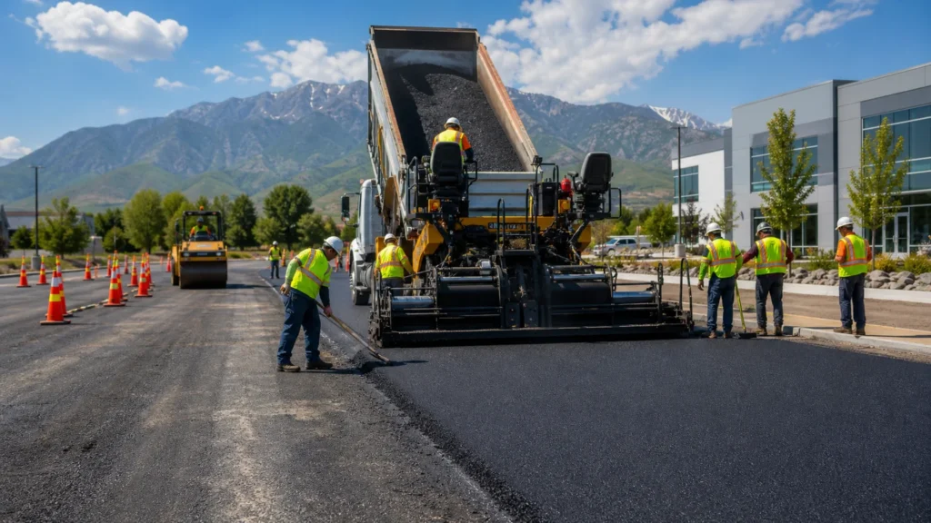Commercial Asphalt Paving crew working in a controlled Sandy, Utah pavement area