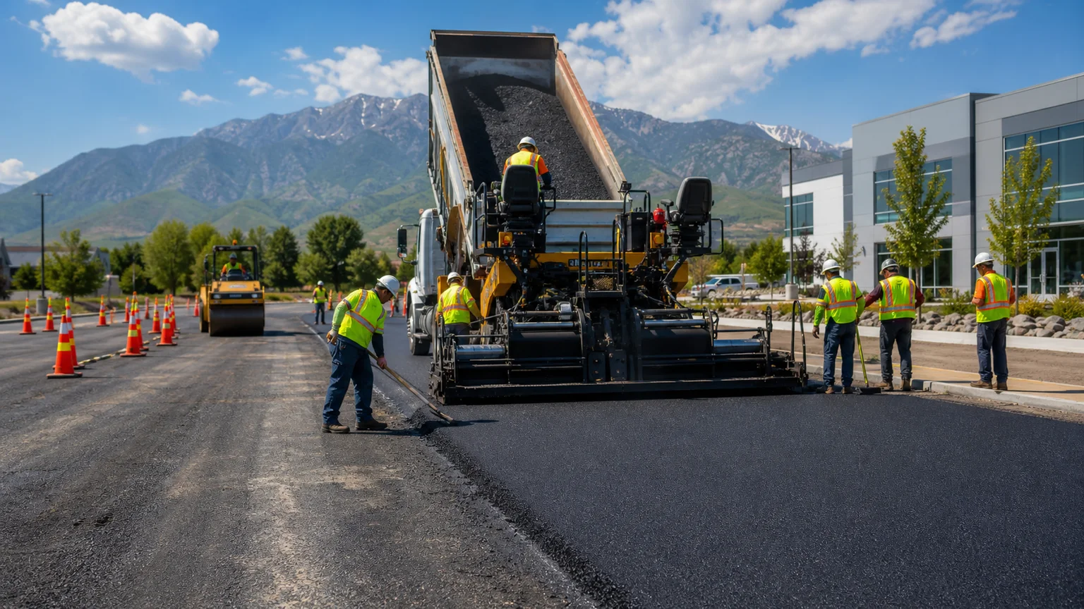 Commercial Asphalt Paving crew working in a controlled Sandy, Utah pavement area