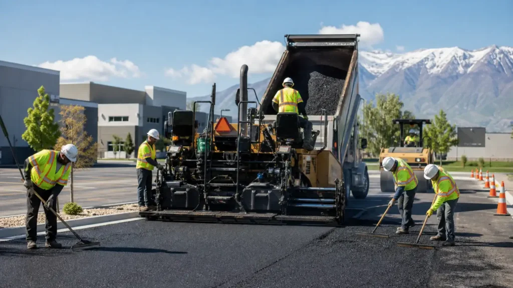 Commercial Asphalt Paving crew working in a controlled Santaquin, Utah pavement area