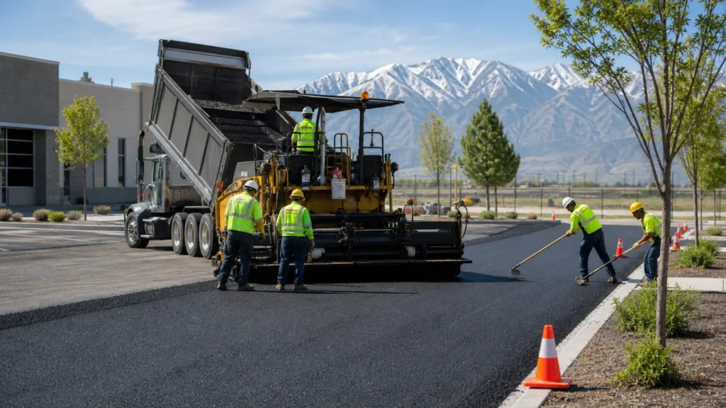 Commercial Asphalt Paving crew working in a controlled Saratoga Springs, Utah pavement area