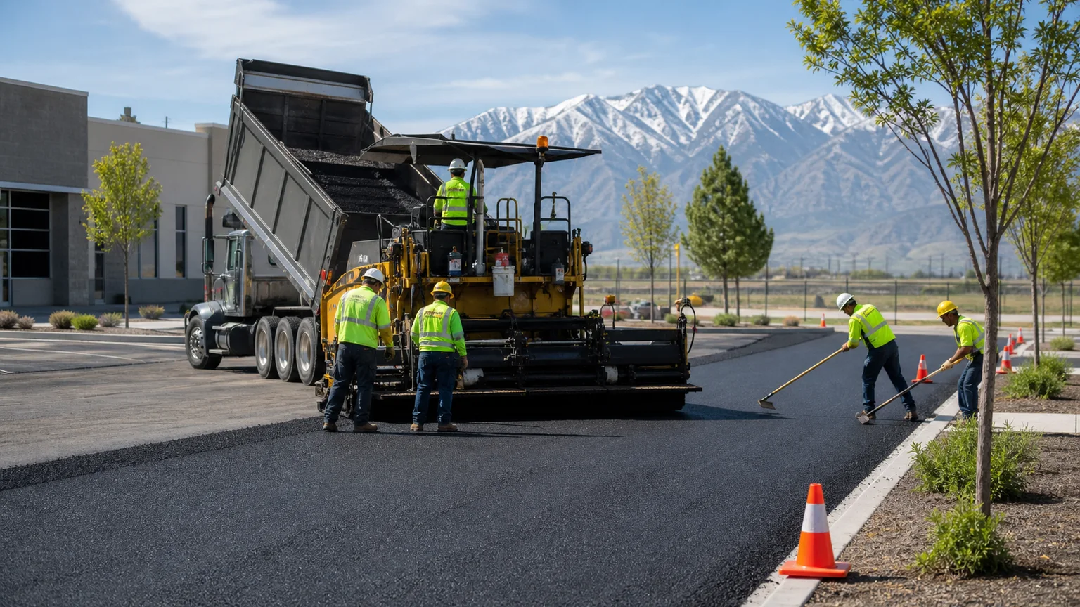 Commercial Asphalt Paving crew working in a controlled Saratoga Springs, Utah pavement area