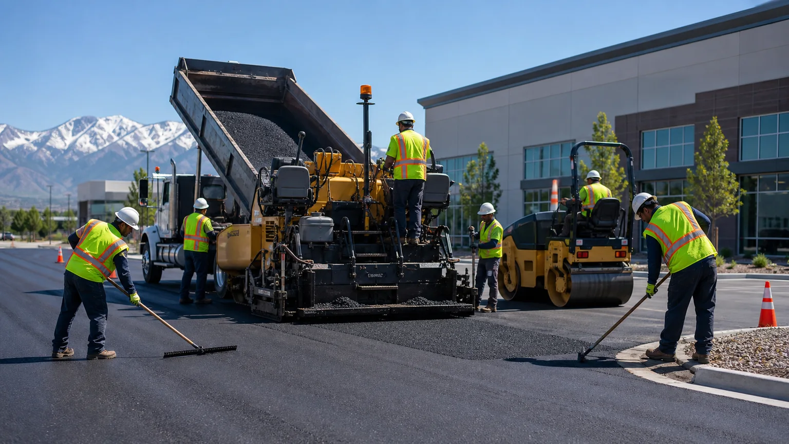Commercial Asphalt Paving crew working in a controlled South Jordan, Utah pavement area