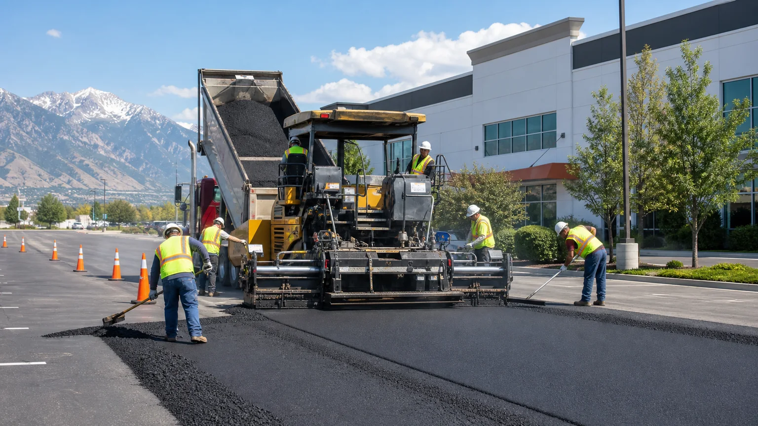 Commercial Asphalt Paving crew working in a controlled Spanish Fork, Utah pavement area