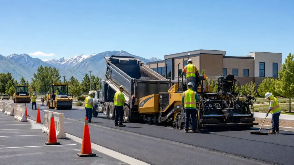 Commercial Asphalt Paving crew working in a controlled Spring Lake, Utah pavement area
