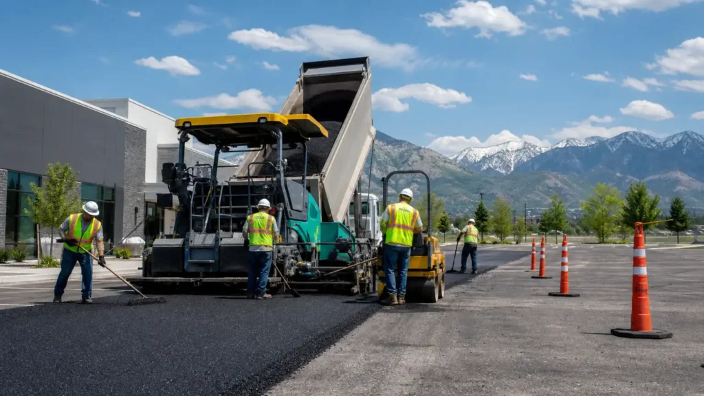 Commercial Asphalt Paving crew working in a controlled Springville, Utah pavement area