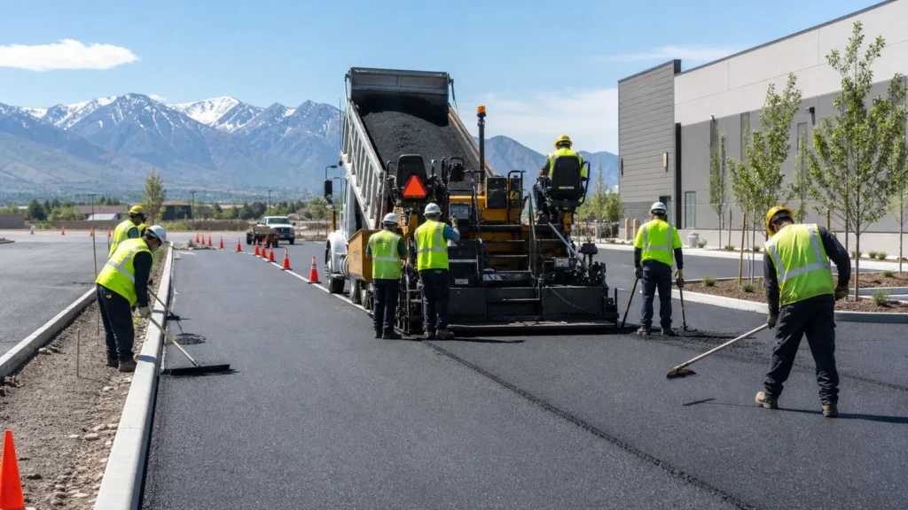 Commercial Asphalt Paving crew working in a controlled West Valley City, Utah pavement area