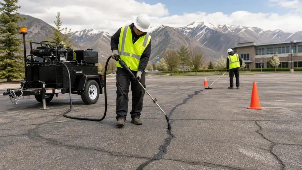 Crack Sealing crew working in a controlled Alpine, Utah pavement area