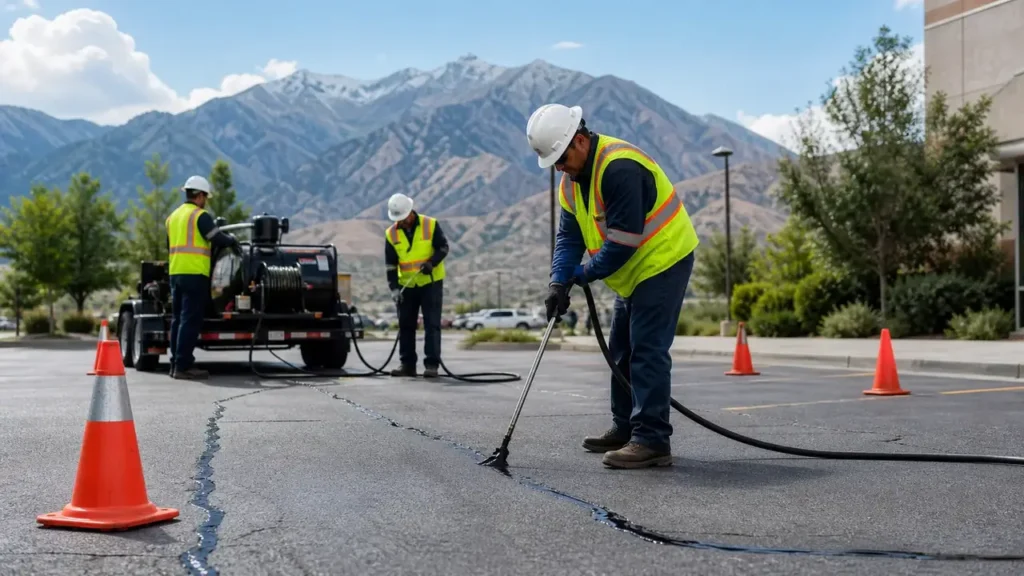 Crack Sealing crew working in a controlled American Fork, Utah pavement area