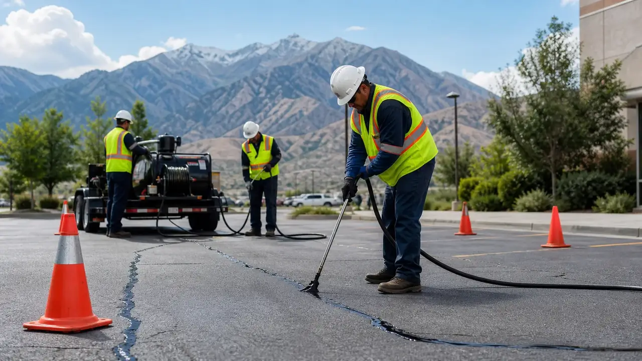 Crack Sealing crew working in a controlled American Fork, Utah pavement area