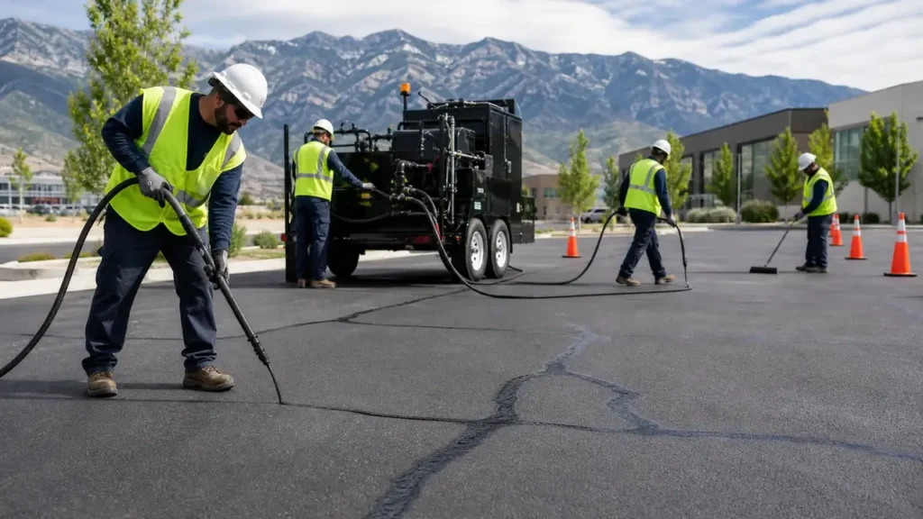 Crack Sealing crew working in a controlled Bluffdale, Utah pavement area