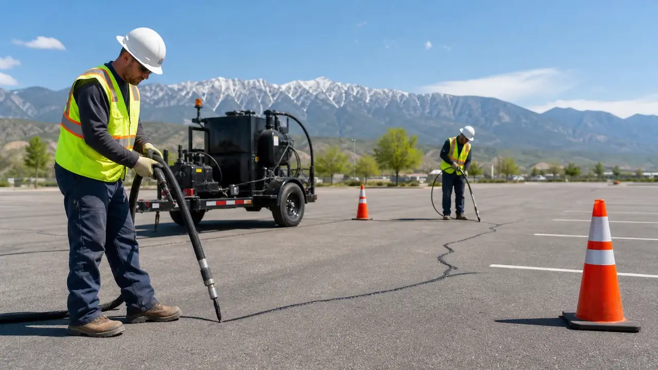 Crack Sealing crew working in a controlled Cedar Fort, Utah pavement area