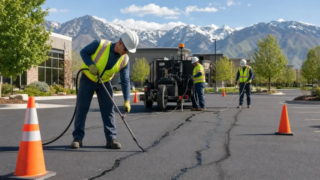Crack Sealing crew working in a controlled Cedar Hills, Utah pavement area