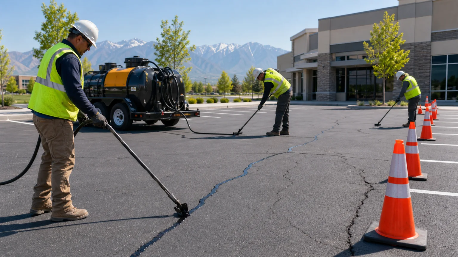 Crack Sealing crew working in a controlled Draper, Utah pavement area