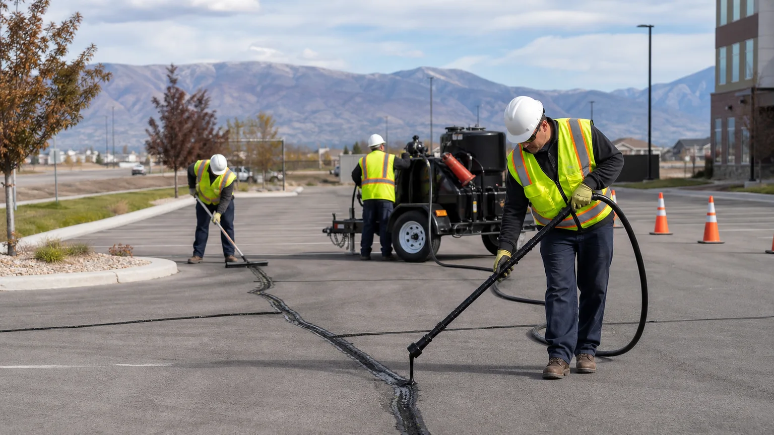 Crack Sealing crew working in a controlled Eagle Mountain, Utah pavement area