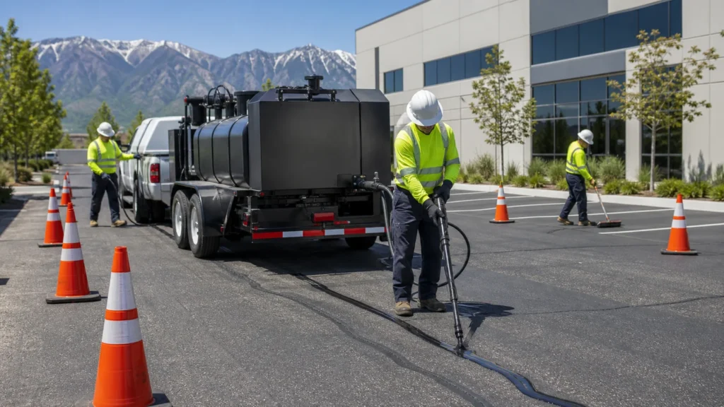 Crack Sealing crew working in a controlled Elk Ridge, Utah pavement area