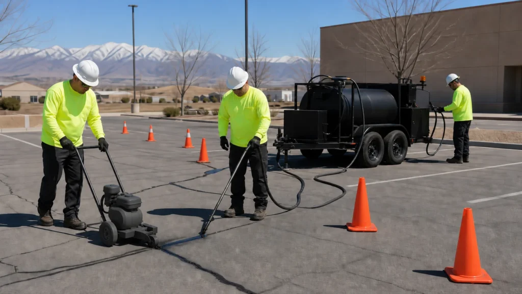 Crack Sealing crew working in a controlled Fairfield, Utah pavement area