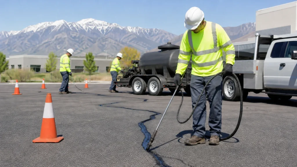 Crack Sealing crew working in a controlled Genola, Utah pavement area