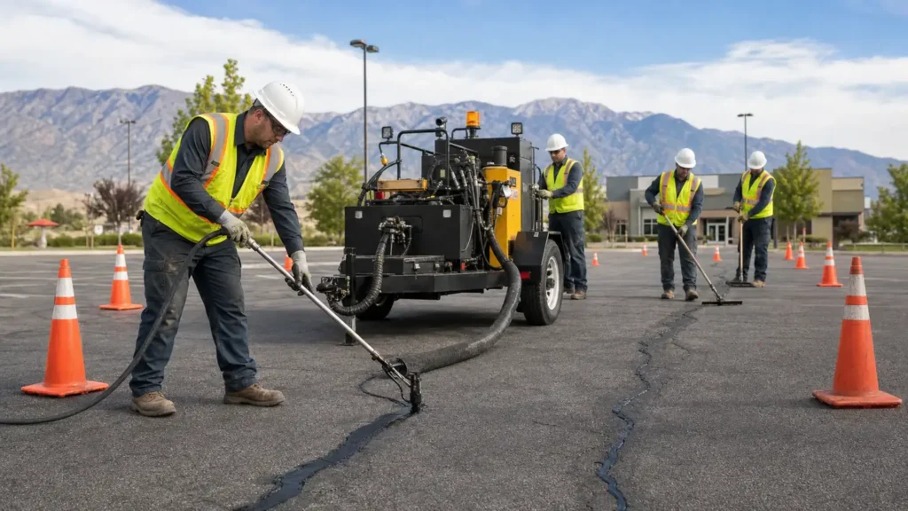 Crack Sealing crew working in a controlled Goshen, Utah pavement area
