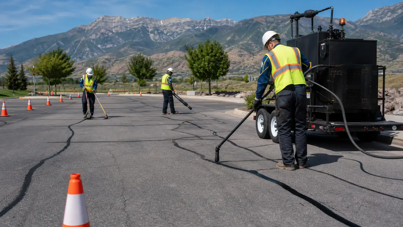 Crack Sealing crew working in a controlled Highland, Utah pavement area