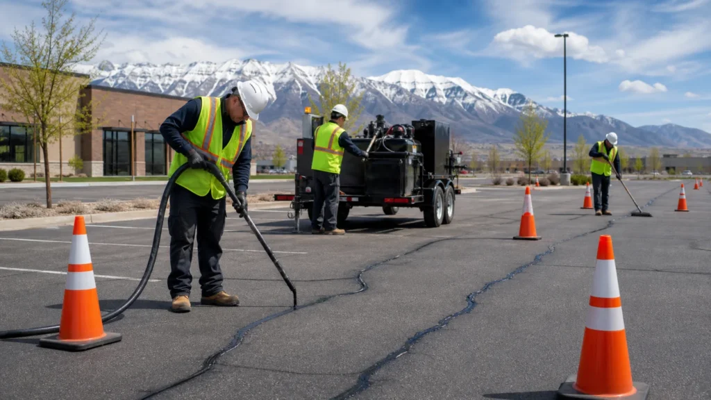 Crack Sealing crew working in a controlled Lehi, Utah pavement area