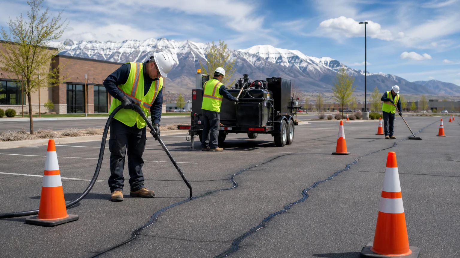 Crack Sealing crew working in a controlled Lehi, Utah pavement area