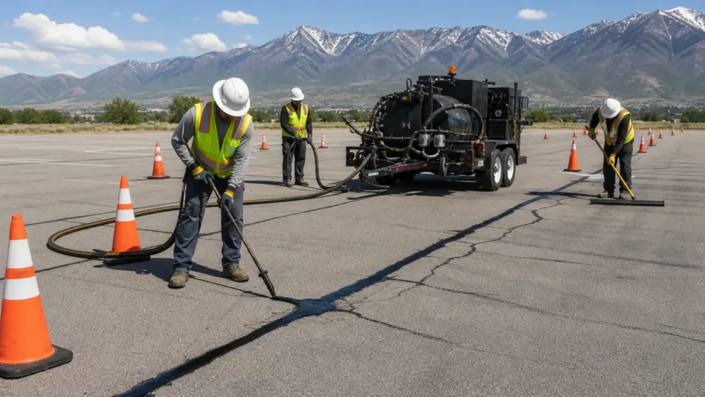 Crack Sealing crew working in a controlled Lindon, Utah pavement area