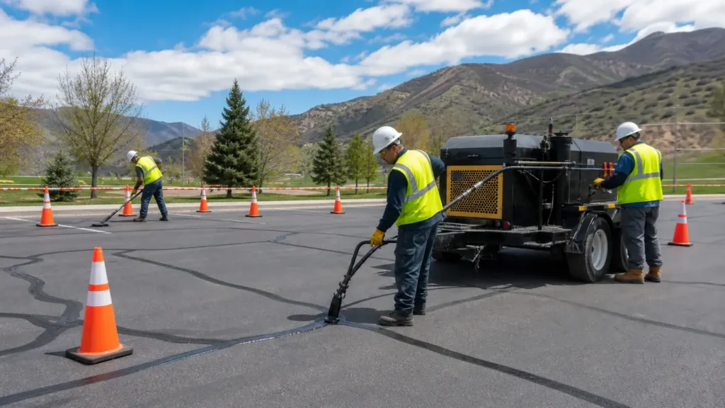 Crack Sealing crew working in a controlled Mapleton, Utah pavement area