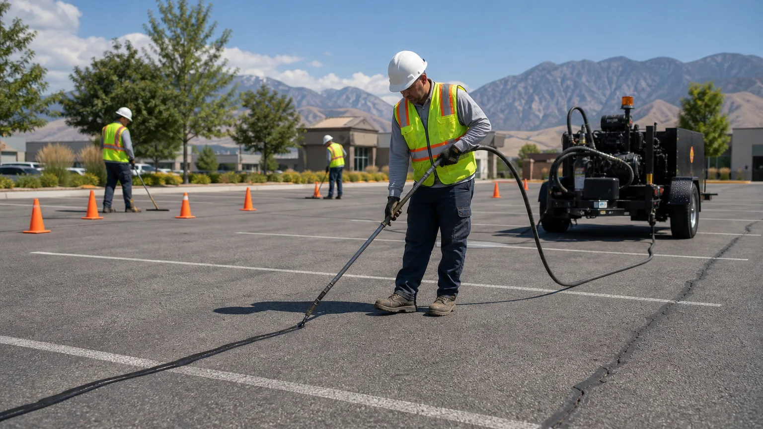 Crack Sealing crew working in a controlled Orem, Utah pavement area