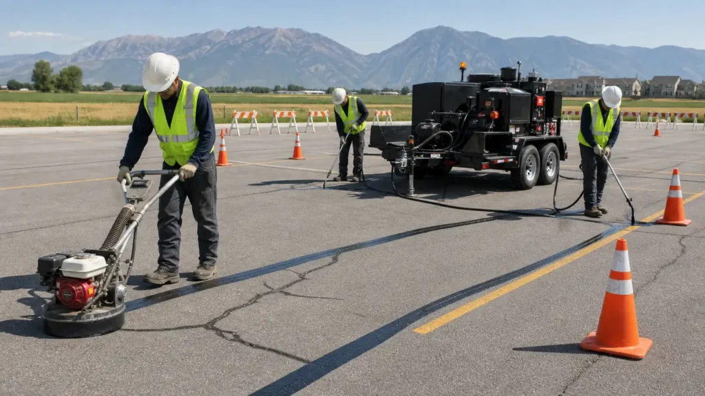 Crack Sealing crew working in a controlled Payson, Utah pavement area