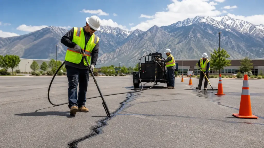 Crack Sealing crew working in a controlled Pleasant Grove, Utah pavement area
