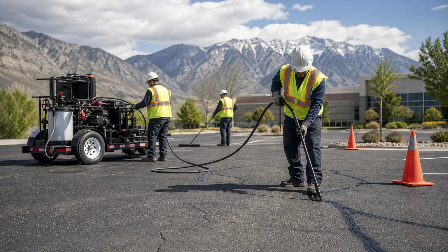Crack Sealing crew working in a controlled Provo, Utah pavement area