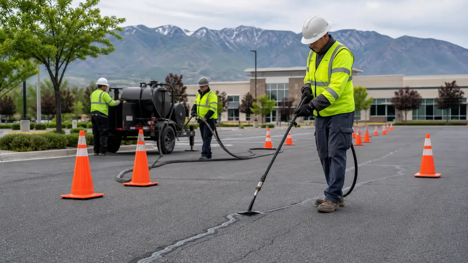Crack Sealing crew working in a controlled Salem, Utah pavement area