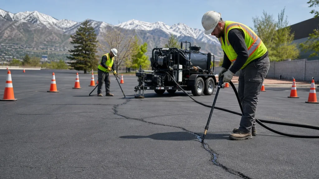 Crack Sealing crew working in a controlled Salt Lake City, Utah pavement area