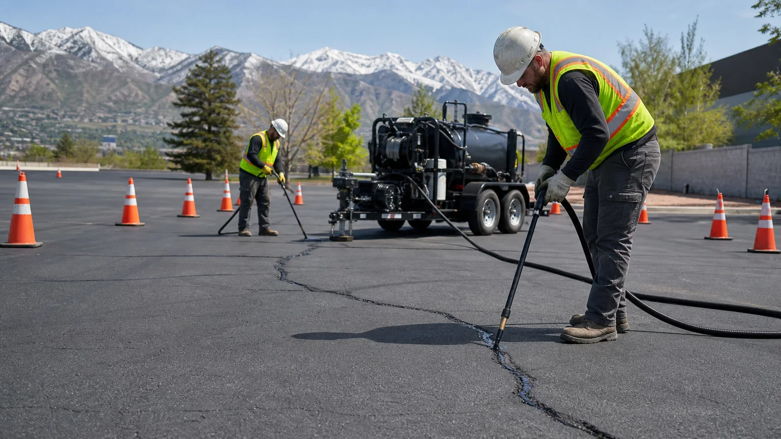 Crack Sealing crew working in a controlled Salt Lake City, Utah pavement area