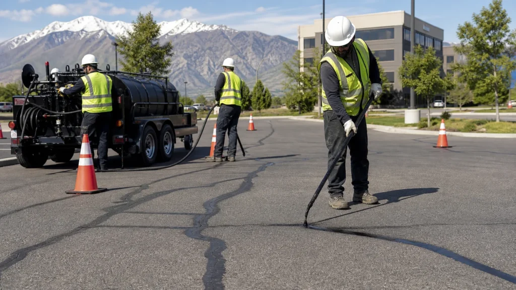 Crack Sealing crew working in a controlled Sandy, Utah pavement area