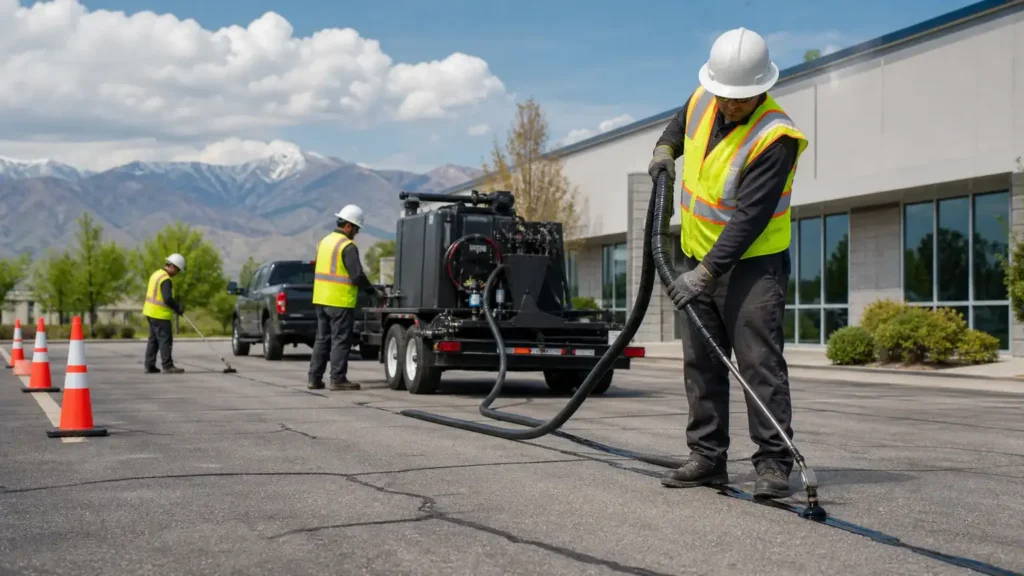 Crack Sealing crew working in a controlled Santaquin, Utah pavement area