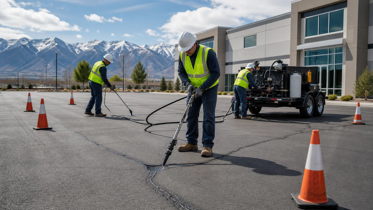 Crack Sealing crew working in a controlled Saratoga Springs, Utah pavement area