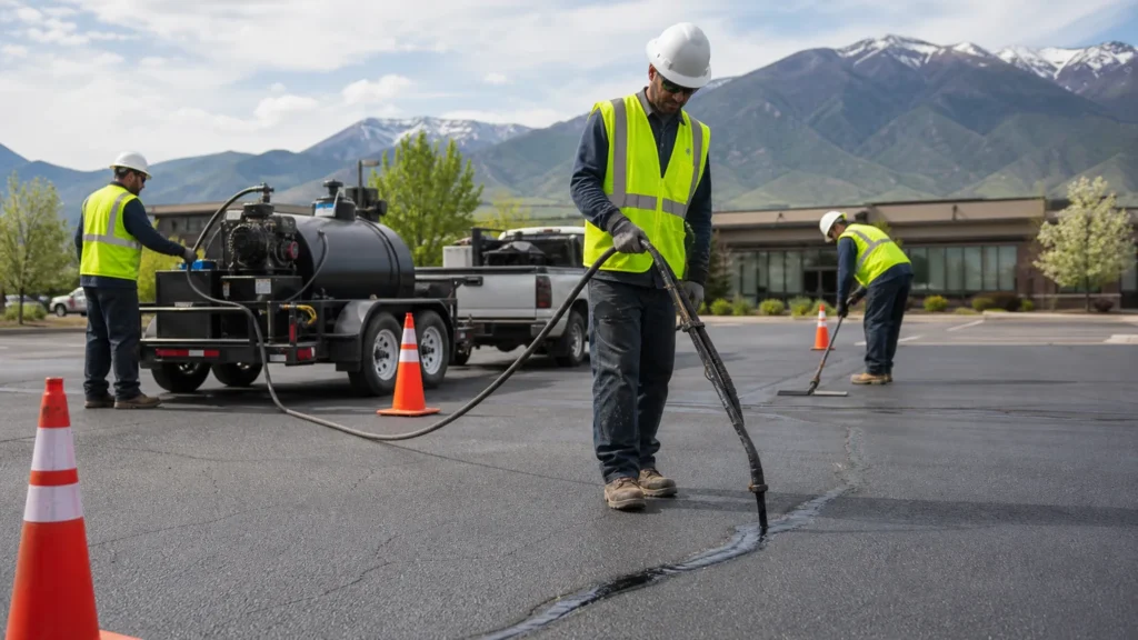 Crack Sealing crew working in a controlled Spanish Fork, Utah pavement area
