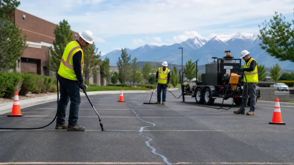Crack Sealing crew working in a controlled Spring Lake, Utah pavement area