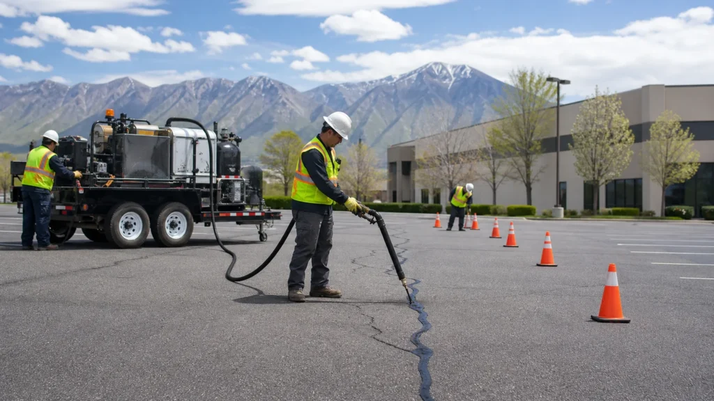 Crack Sealing crew working in a controlled West Jordan, Utah pavement area