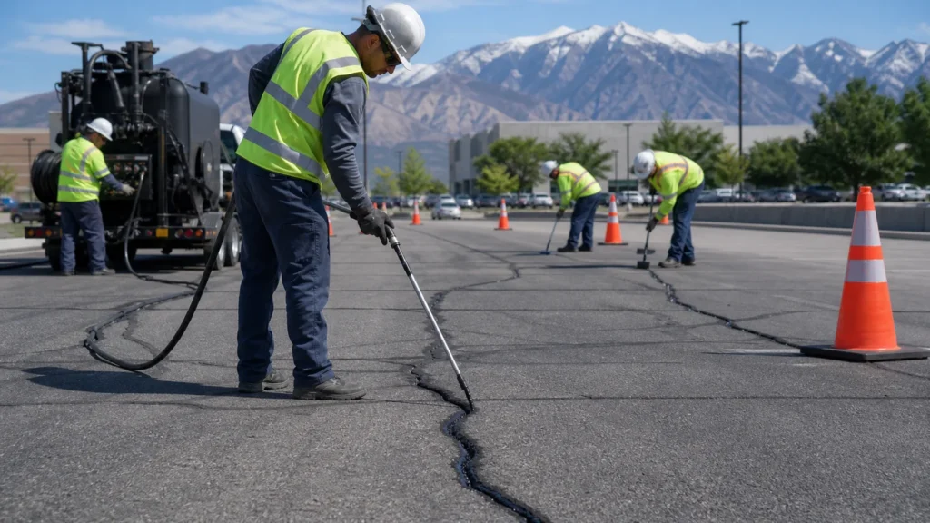 Crack Sealing crew working in a controlled West Valley City, Utah pavement area