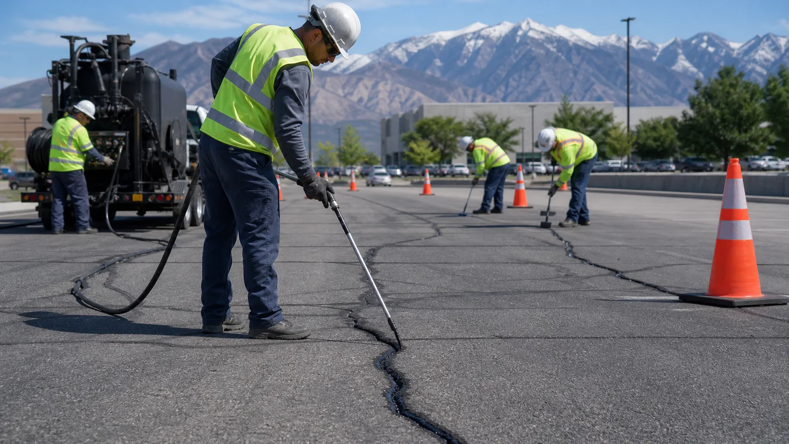 Crack Sealing crew working in a controlled West Valley City, Utah pavement area