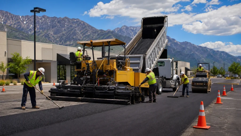 Parking Lot Paving crew working in a controlled Alpine, Utah pavement area