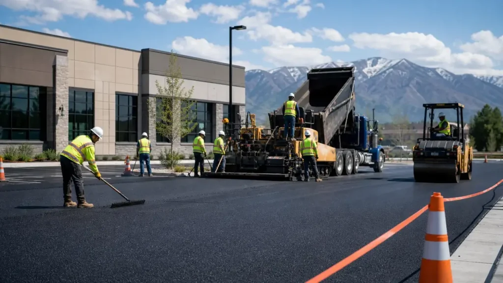 Parking Lot Paving crew working in a controlled American Fork, Utah pavement area