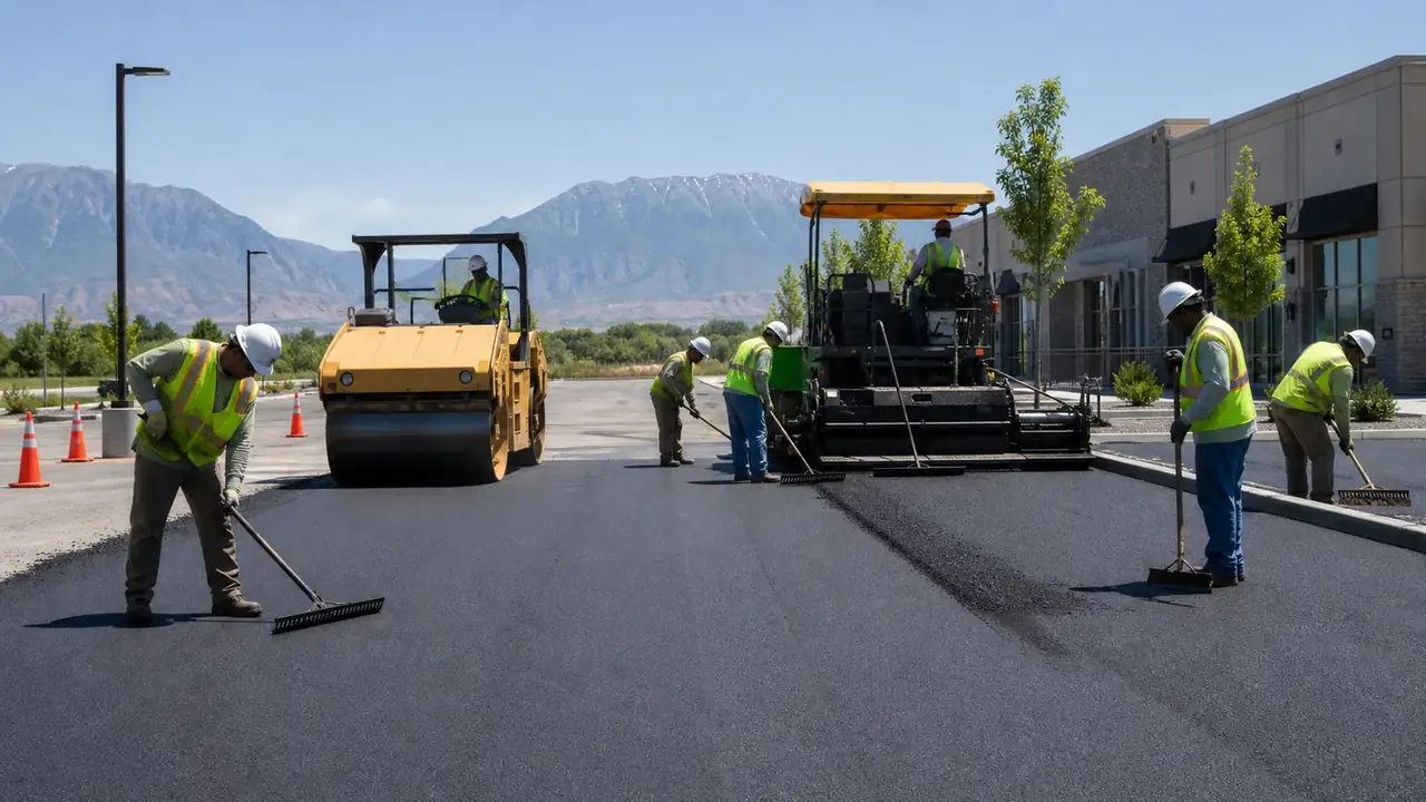 Parking Lot Paving crew working in a controlled Cedar Fort, Utah pavement area